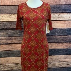 LULAROE. Red/Gold fitted straight dress. Size S. Simply Comfortable.